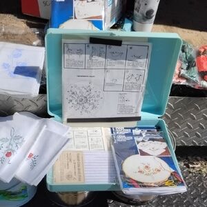 Vintage Turquoise Sewing Kit with Embroidery Patterns